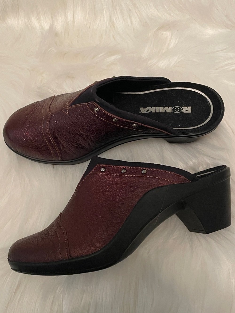 NWOT Romika - Burgundy Metallic Leather Studded Mule Heels - 38